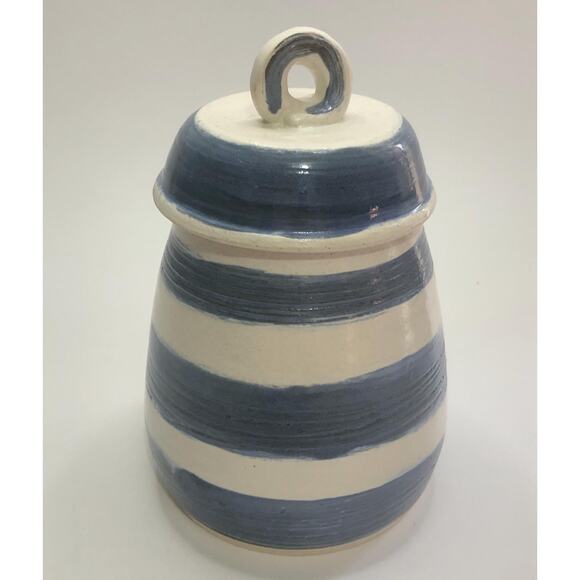 ck Other - Hand Thrown 7" Blue & White Stripe Pottery Canister Container Signed ck Studio